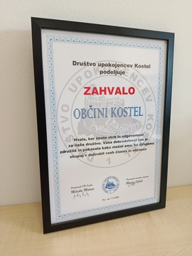 Zahvala - Društva upokojencev Kostel